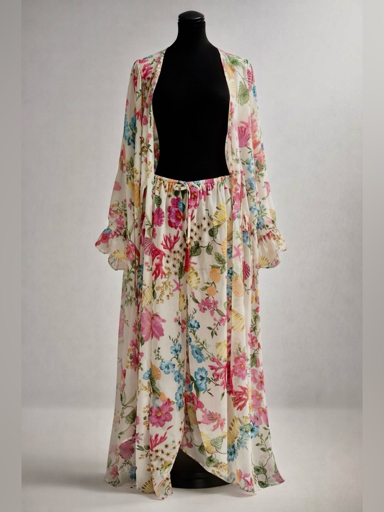 Floral Maxi Kimono Robe With Pants Set In Cream With Pink & Blue Blooms-Nwt